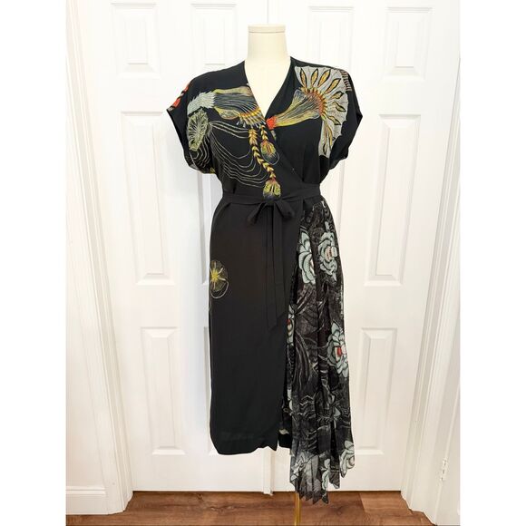 Dries Van Noten Pleated Black Kimono Sleeve Asymmetric Wrap Midi Dress 38 - Picture 1 of 9